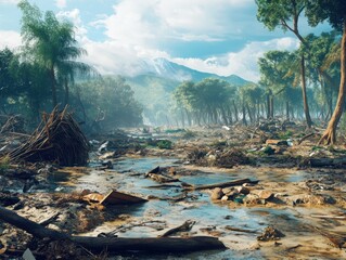 A detailed visualization of natural disaster aftermath and environmental damage highlighting environmental importance.
