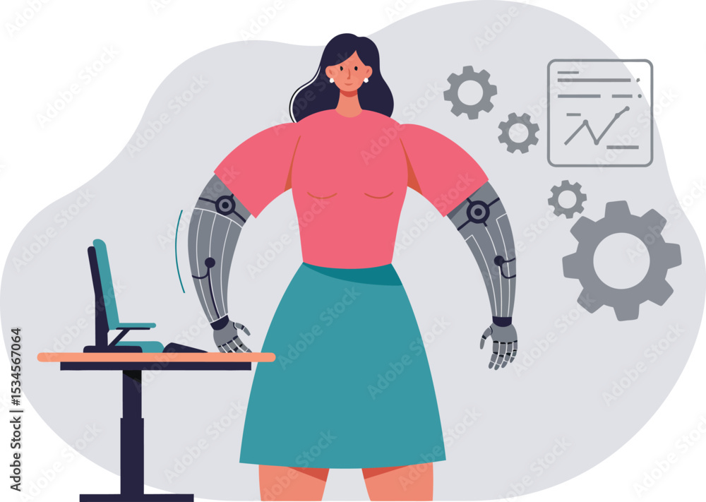 Aufkleber woman with robotic arms working at computer desk with gears and analytics concept vector illustratio