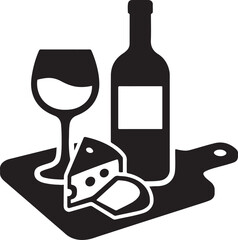 Silhouette vector of a wine and cheese board with bottle, glass, and snacks. Ideal for party, winery, or gourmet themes.