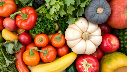 Assortment of fresh and colorful fruits and vegetables, grunge. isolated with white highlights