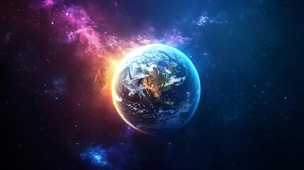 Obraz premium A vibrant earth globe surrounded by a colorful nebula and twinkling stars in deep outer space view
