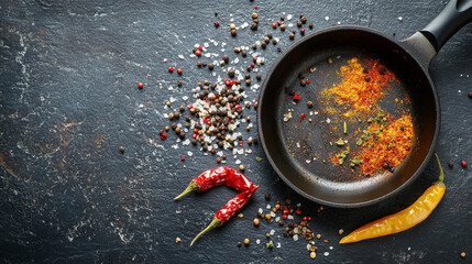 Spices Spread Around a Frying Pan on Textured Slate Surface with Vibrant Chili Peppers and Colorful Seasonings for Culinary Inspiration
