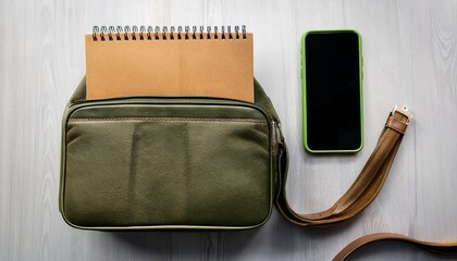 flat lay of bag contents with phone and notepad