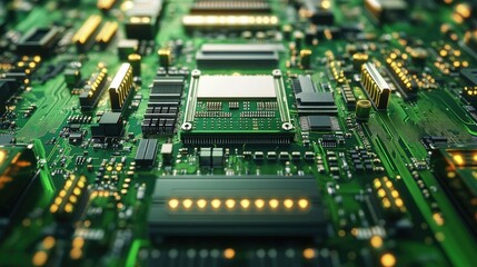 Obraz premium Detailed Close-up of Electronic Circuit Board Featuring Microchips, Capacitors, and Connectors on Green Background