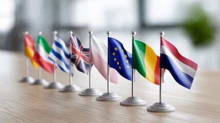 Various small flags representing different countries arranged on a table