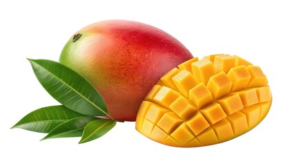 Ripe mango with juicy diced half isolated on white background