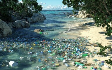 A detailed visualization of plastic waste on beaches and cleanup activities highlighting environmental importance.