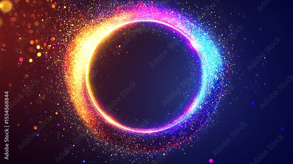 Poster a glowing circle with colorful particles surrounding it on a dark blue and red gradient background