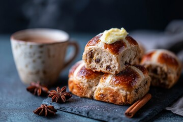 Stacked Hot Cross Buns with Cinnamon Butter and Spiced Accents on Slate