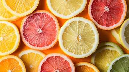 Fototapeta premium Top-Down View of Citrus Fruit Slices Arranged in a Radial Pattern, Showcasing Vibrant Colors and Freshness for Culinary or Health Themes