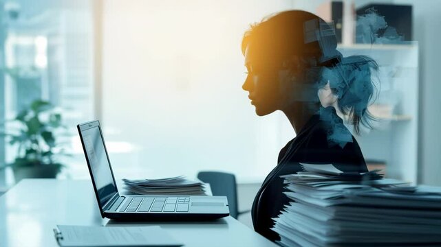 Woman working on laptop with double exposure effect in modern office