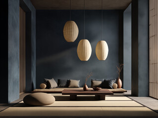 Japandi and wabi sabi style interior in deep indigo and tan, featuring a tatami mat, low-profile furniture, handcrafted paper lighting, subtle texture contrast