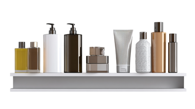 A sophisticated product display featuring a diverse range of elegantly designed beauty and skincare products artfully arranged on a sleek shelf, embodying elegance and the allure of self-care.