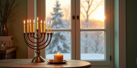 Classic Jewish Menorah with Gentle Candlelight Creating Cozy Ambiance by Snow-Covered Window