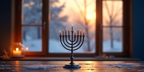 Beautiful Menorah Candlelight on Rustic Wooden Table by Snowy Window During Golden Sunset Hour