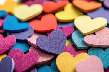 Obraz premium Festive Colorful Heart Confetti Spread Across a White Background for Romantic Celebrations