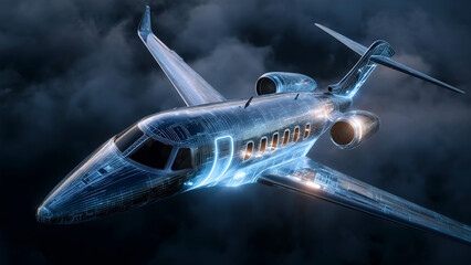 3d model of private airplane in dark night sky, cutting through clouds with its bright lights. Private jet, business jet represents aviation, travel and modern airplane transportation