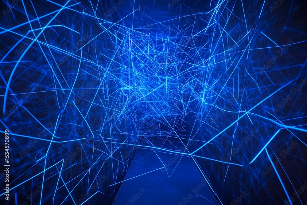 Poster a futuristic tunnel with glowing blue lines creating a network like structure in a dark environment