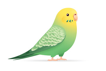 Cheerful budgie with bright yellow head and green body stands on a white surface, showcasing its vibrant colors and gentle demeanor.