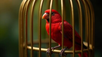A beautiful red bird is sitting in a bird cage. The background is slightly blurred, which highlights the bird and its cage.