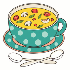Cartoon soup bowl brimming with garnish sits on a polka dot saucer near spoons