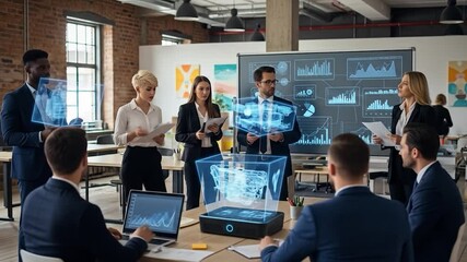 Business team presenting a holographic 3D model in a modern office - Powered by Adobe