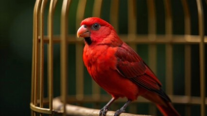 A beautiful red bird is sitting in a bird cage. The background is slightly blurred, which highlights the bird and its cage.