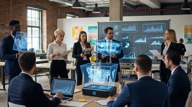 Business team presenting a holographic 3D model in a modern office