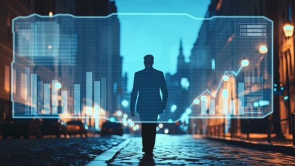 Businessman walking with data overlay in city street at night - Powered by Adobe