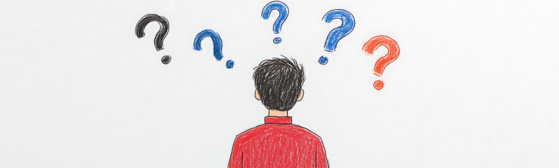 Illustration of a person facing question marks, representing confusion, inquiry, and problem-solving. Uncertainty in decision-making and seeking clarity.