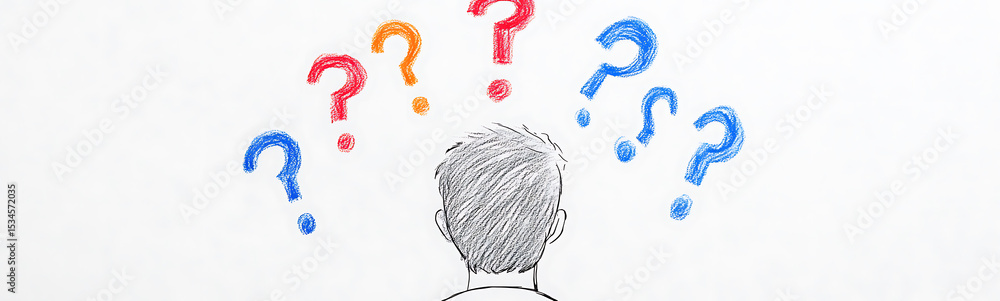 Poster a hand-drawn illustration of a person facing away, surrounded by colorful question marks, symbolizin