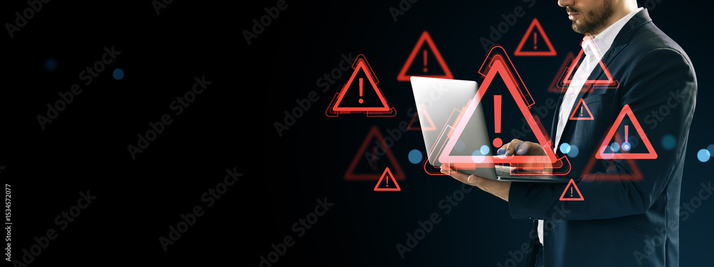 Poster Businessman using laptop surrounded by digital red warning symbols and exclamation marks on dark background indicating cyber danger and data alerts.