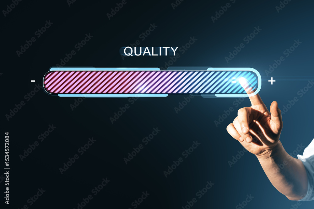 Poster Business hand touching digital button to increase quality progress bar on dark gradient background, concept of technology and user interface design.
