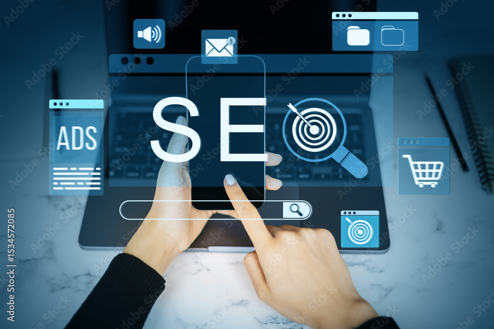 Poster seo optimization concept with smartphone interface, digital marketing icons, and search elements ove