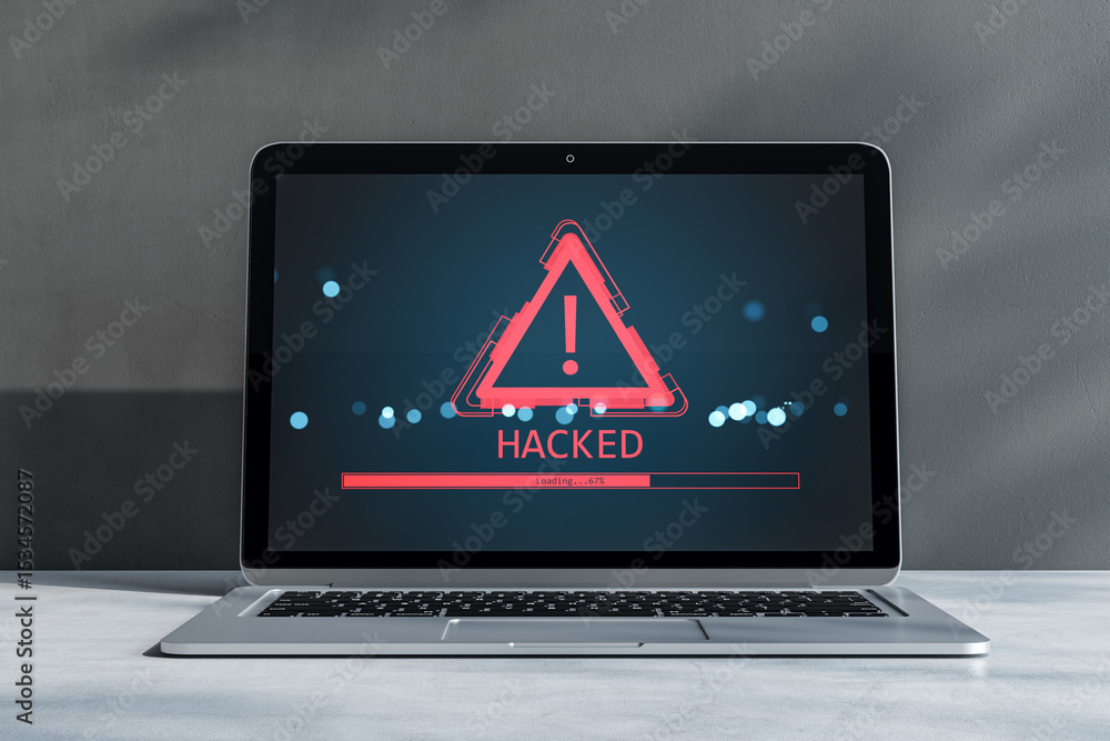 Poster Cyber warning symbol with exclamation mark on laptop screen showing hacked alert and data loading progress in front view on digital background. 3D Rendering