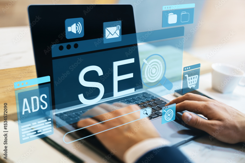 Poster SEO optimization strategy on laptop screen with digital marketing icons and user hands typing on keyboard in modern office workspace setup.