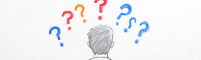 A hand-drawn illustration of a person facing away, surrounded by colorful question marks, symbolizing uncertainty and searching for answers.