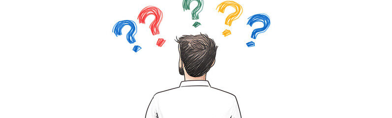A person faces away with question marks above their head, symbolizing confusion, indecision, problem solving, and mental processing. Many colorful questions.