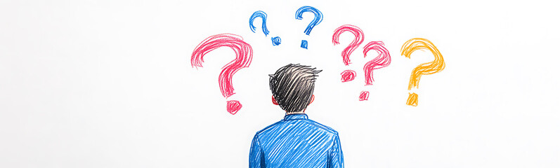 Person facing colorful question marks, representing uncertainty and the search for solutions.
