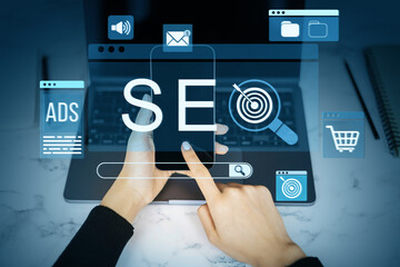 SEO optimization concept with smartphone interface, digital marketing icons, and search elements...