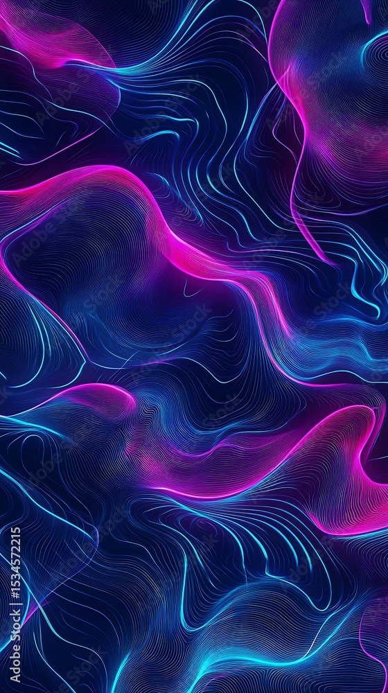 Poster abstract background with wavy lines in shades of blue and pink creating a flowing and dynamic patter