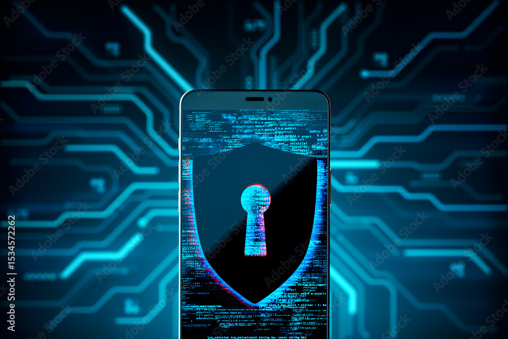Aufkleber smartphone with digital shield lock symbol on screen representing cybersecurity on futuristic neon b