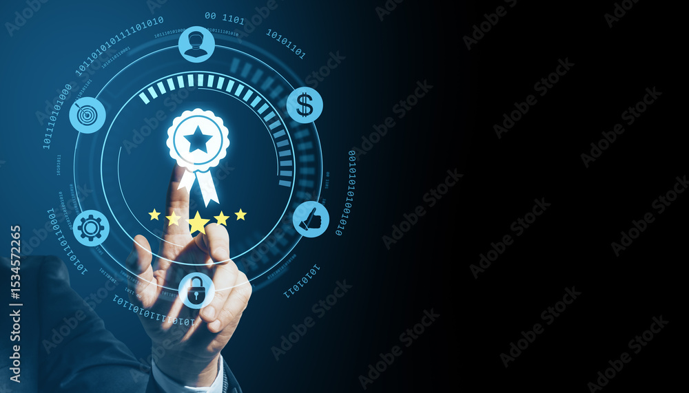 Poster businessman pressing digital quality certificate icon interface with star rating on futuristic virtu