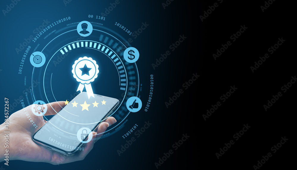Poster Digital quality certification icon with stars and badge emerging from smartphone screen on dark background representing compliance and approval system.