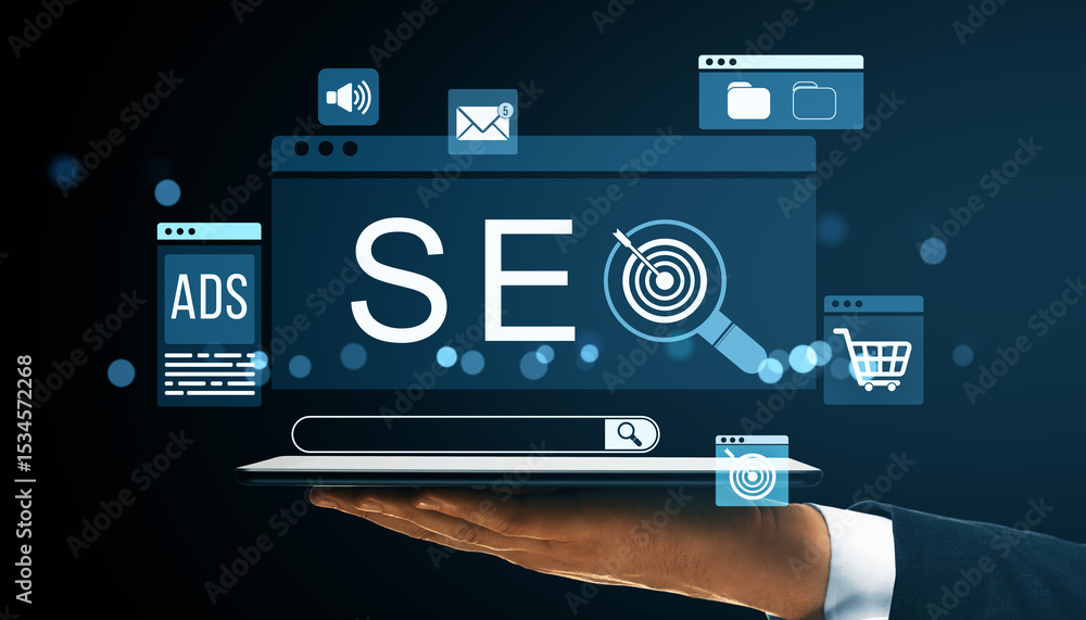 Poster seo digital marketing strategy concept with search icons over tablet device in hand on dark backgrou