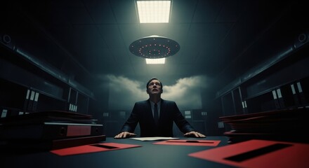 Man in suit looks up at a glowing UFO in an office. Conspiracy theory and alien invasion concept for books and magazines.
