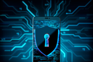 Smartphone with digital shield lock symbol on screen representing cybersecurity on futuristic neon...