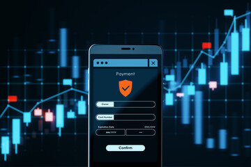Fototapeta premium Secure online payment interface on smartphone with financial chart and data visualization background illustrating modern transaction concept. 3D Rendering