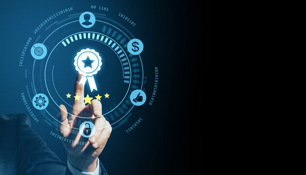 Businessman pressing digital quality certificate icon interface with star rating on futuristic virtual screen for guarantee and compliance concept.