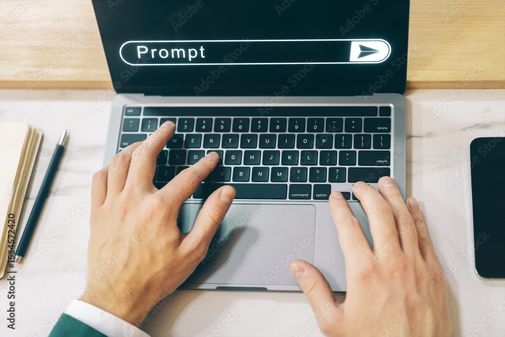 Aufkleber hands typing on laptop keyboard with digital prompt bar on screen in modern office setup with top vi